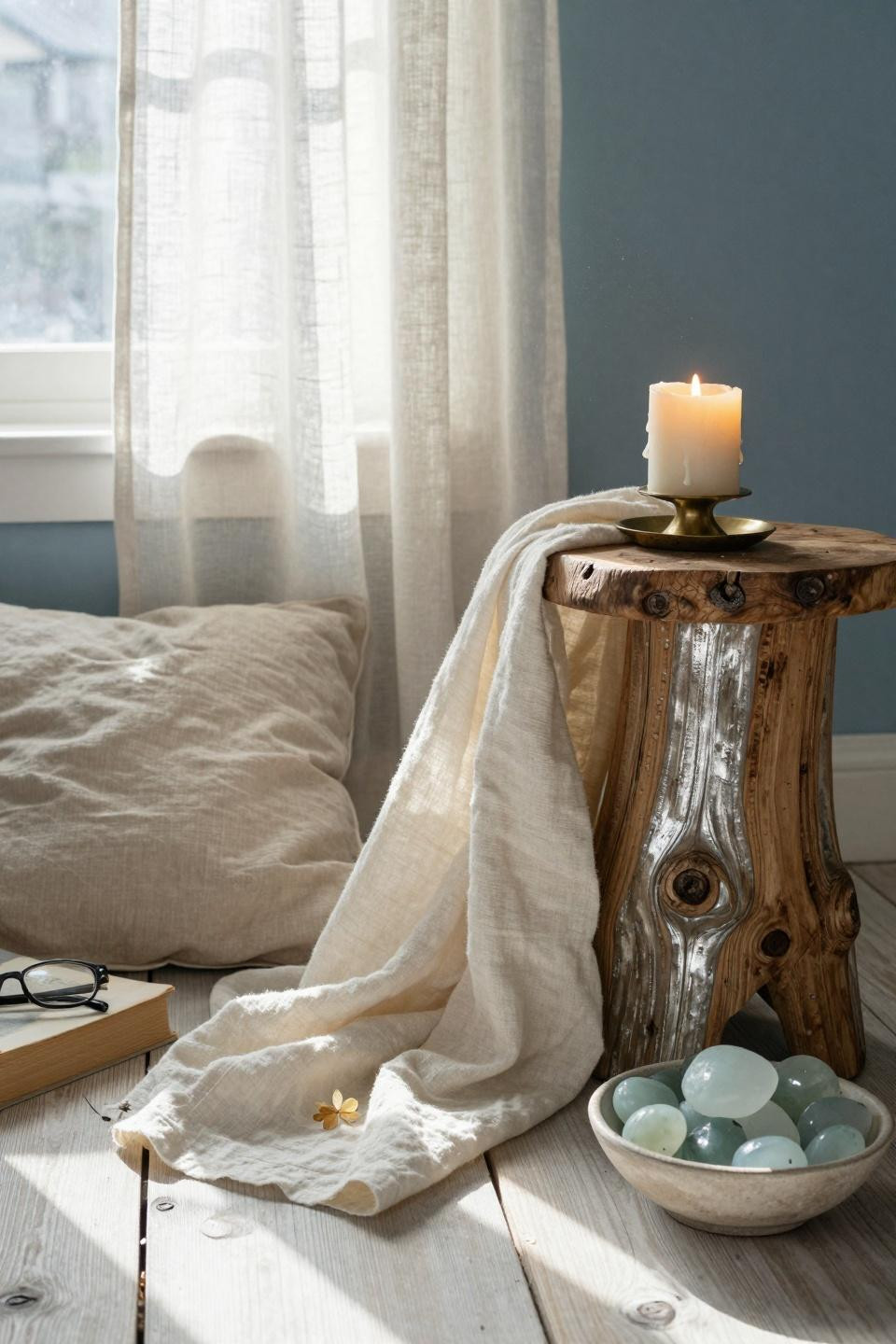 Coastal Cottage styling detail with textured fabrics and sea glass