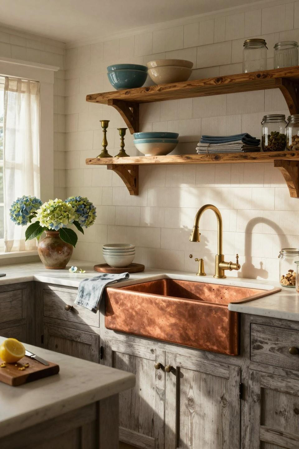 Coastal Cottage kitchen with copper sink and open shelving
