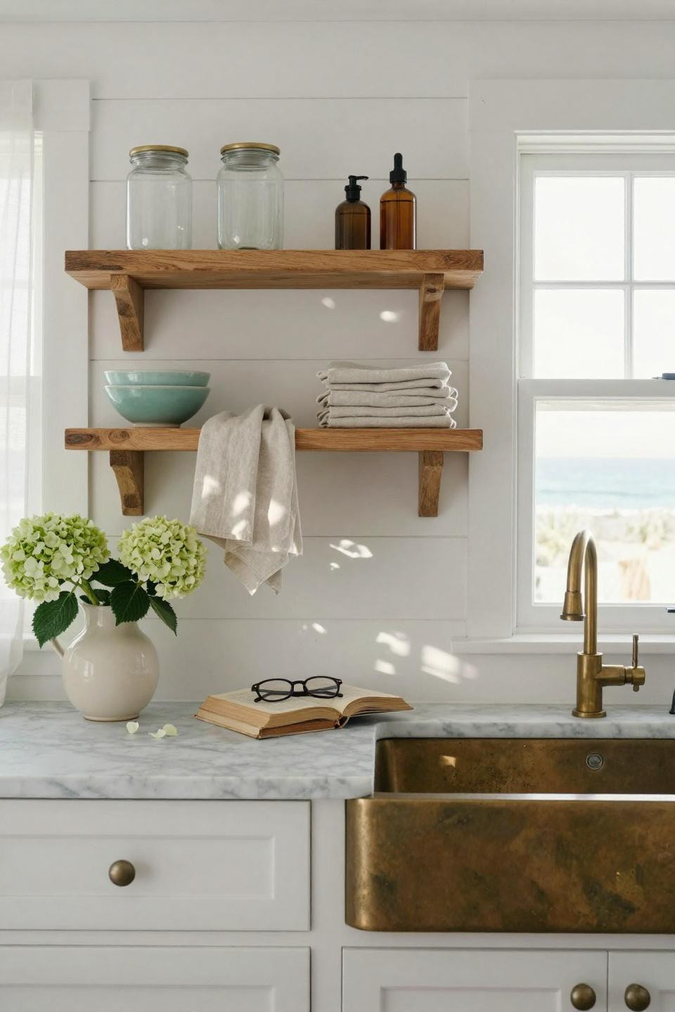 Coastal Cottage kitchen with open shelves and curated ceramics