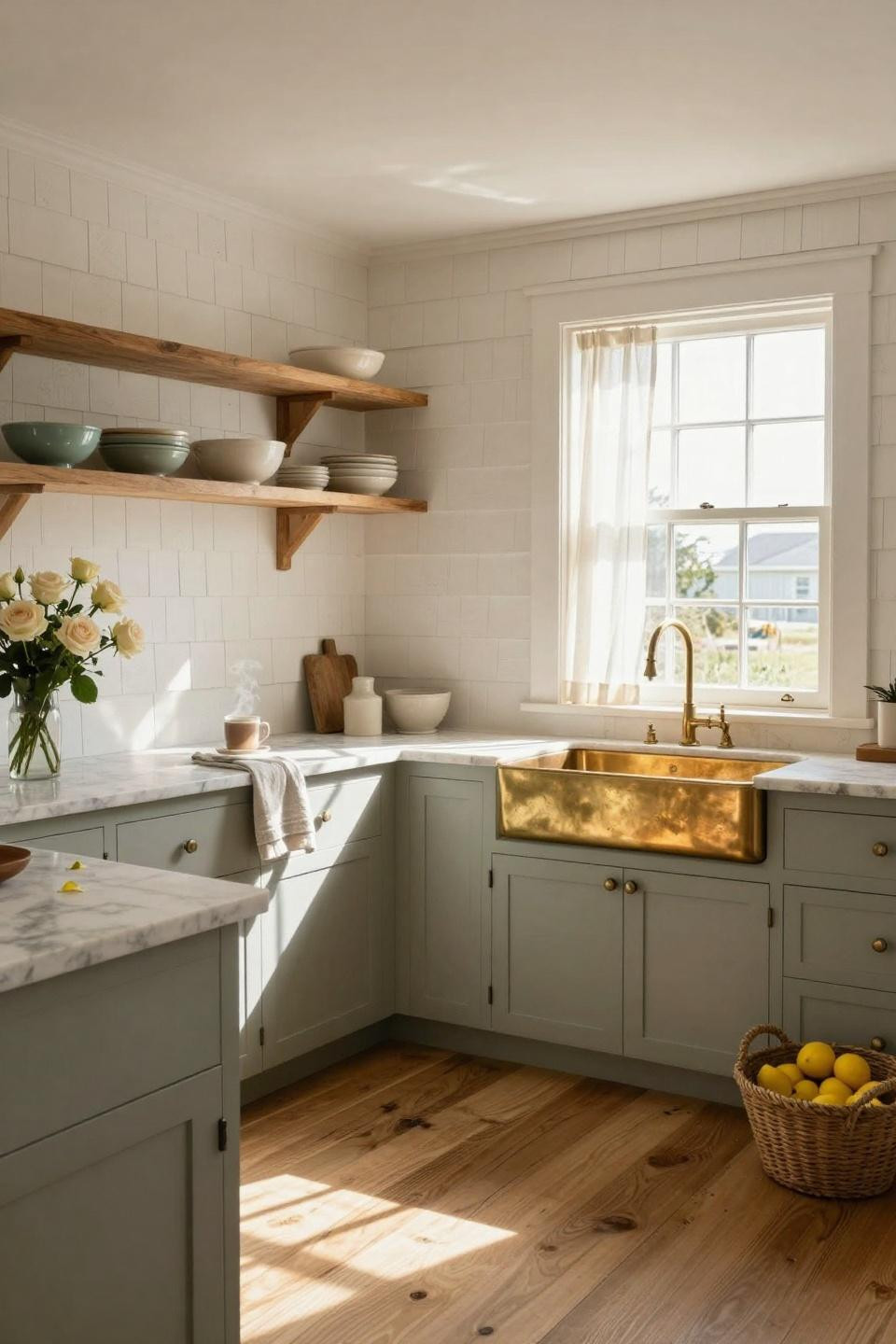 Coastal Cottage kitchen with open shelving and farmhouse sink