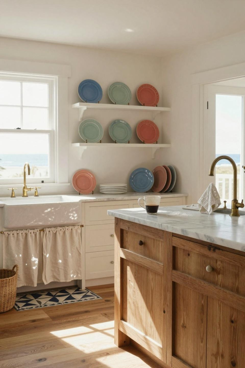 Coastal Cottage kitchen with colorful tile and open shelving