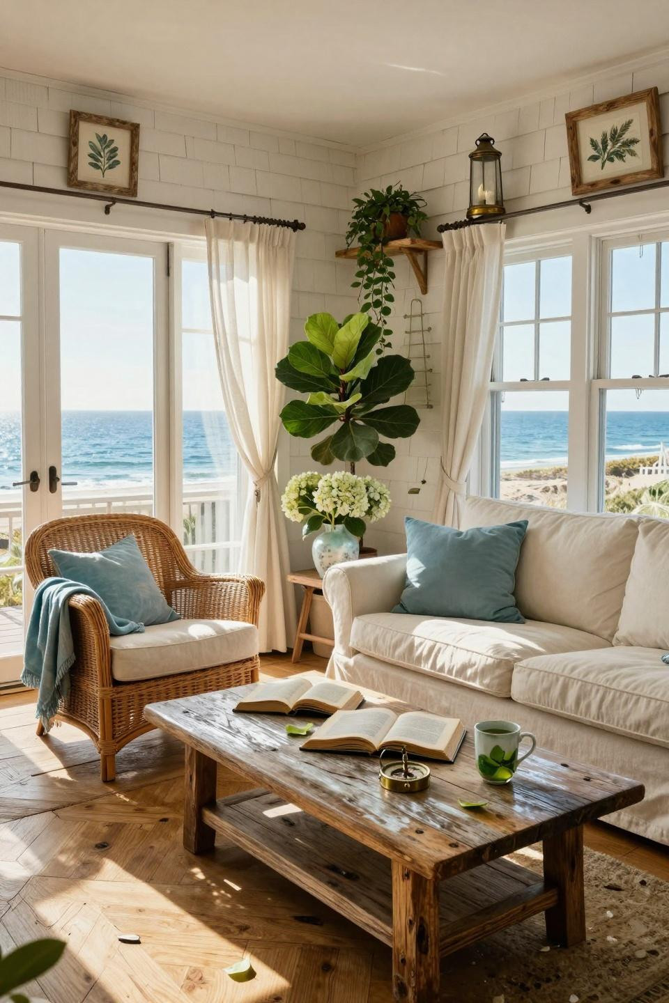 Coastal Cottage living room with plants and reclaimed wood