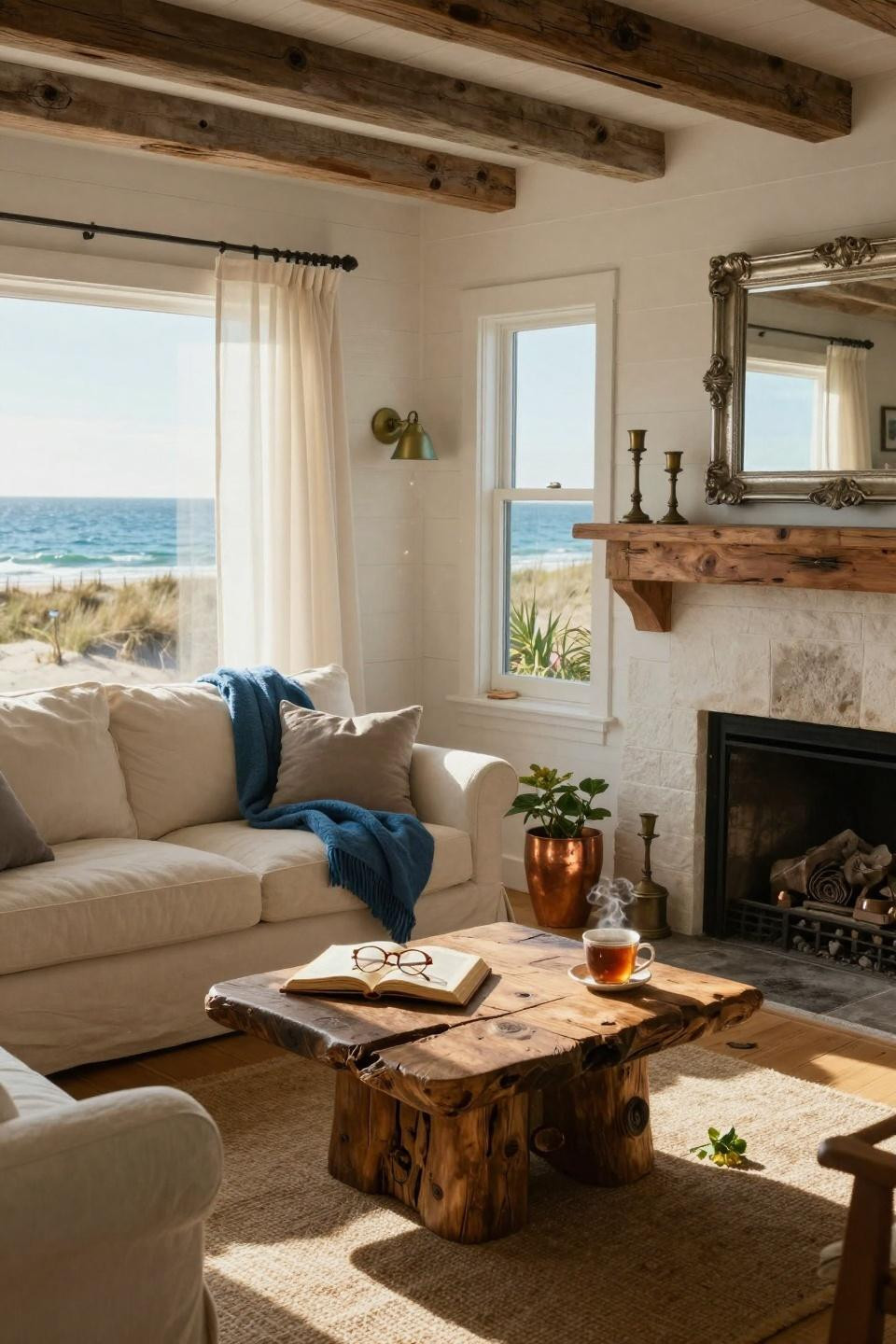 Coastal Cottage living room with natural textures and ocean views