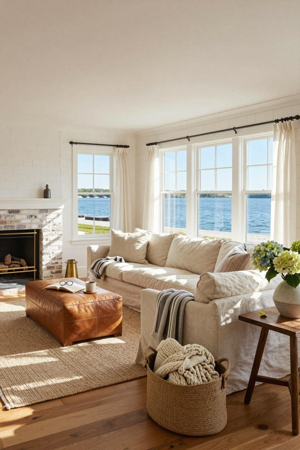 Coastal Cottage living room with fireplace and harbor views