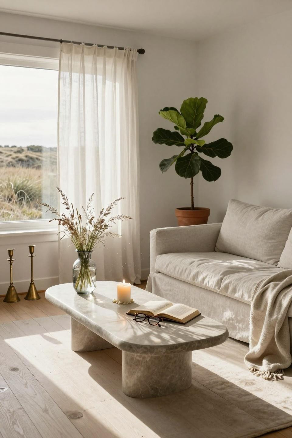 Coastal Cottage living room with refined palette and sculptural elements