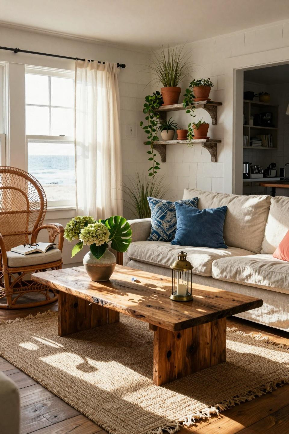 Coastal Cottage living room with plants and eclectic decor