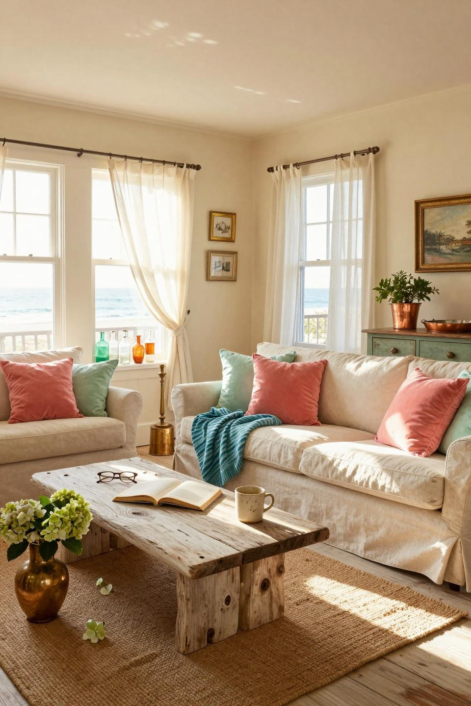 Coastal Cottage living room with colorful textiles and plants