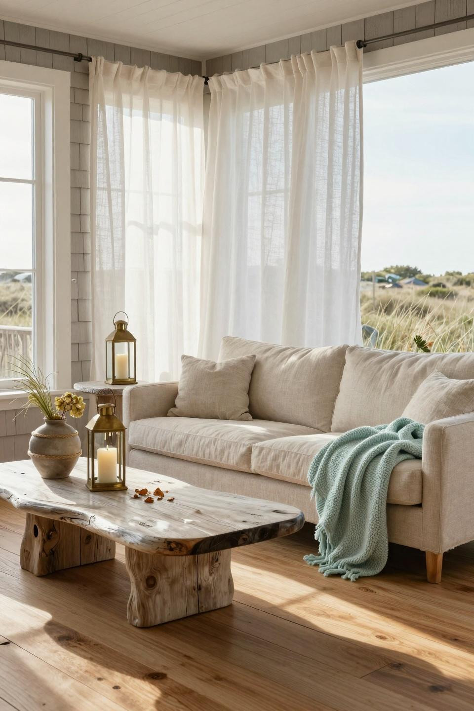 Coastal Cottage living room with natural wood and soft fabrics