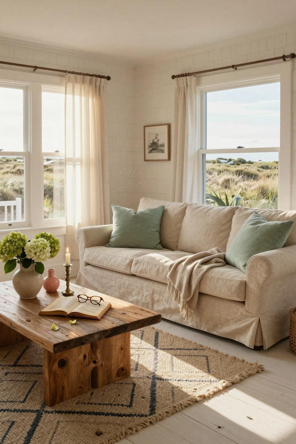 Coastal Cottage living room with layered textiles and driftwood table
