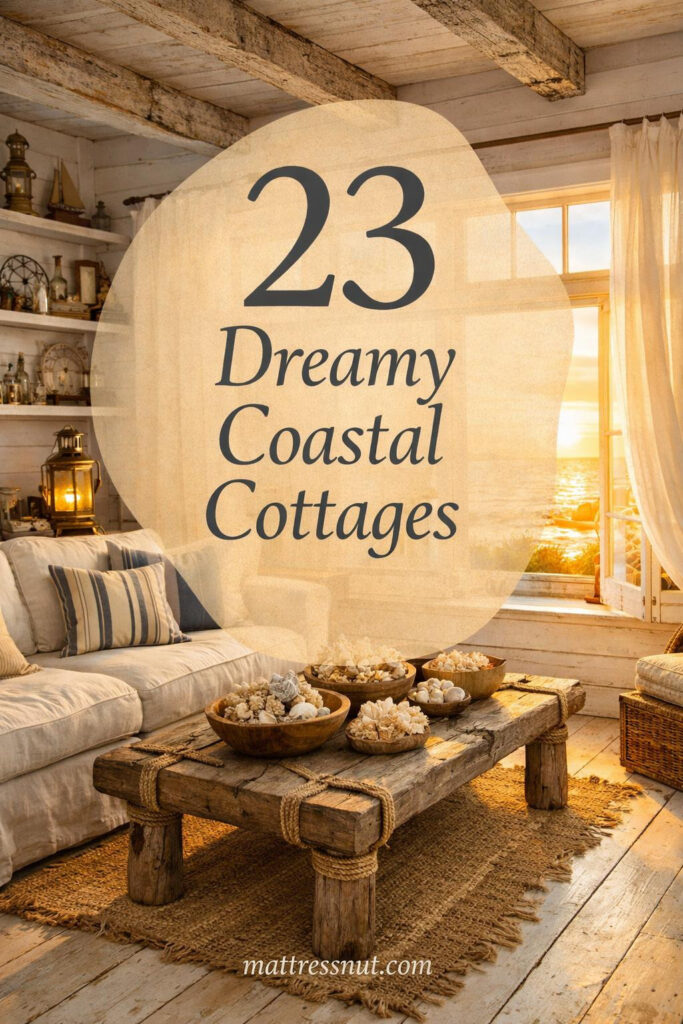 Light-filled room featuring whitewashed wood furniture, soft blue textiles, natural rope accents, and seashell decorations in a breezy coastal aesthetic