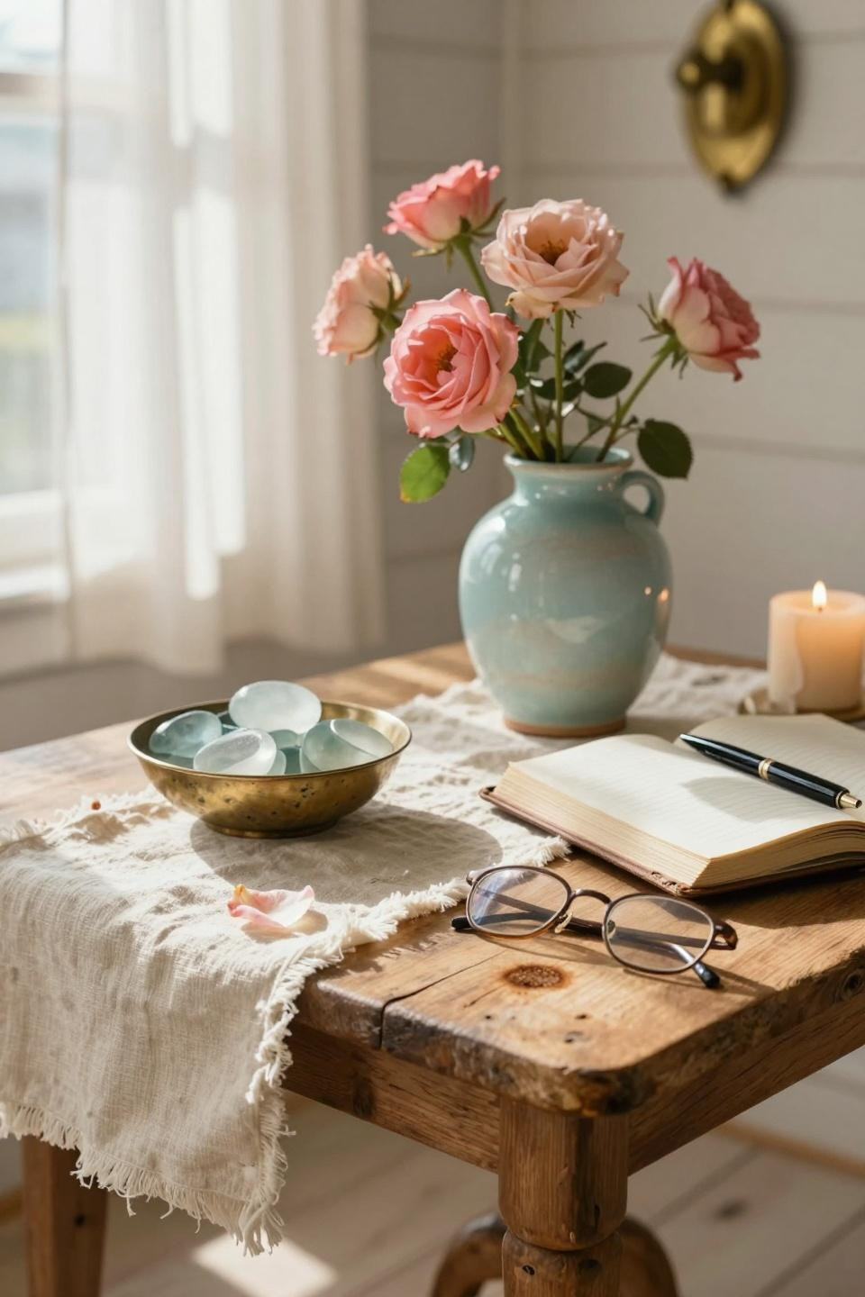 Coastal Cottage sunroom detail with fresh flowers and linen runner