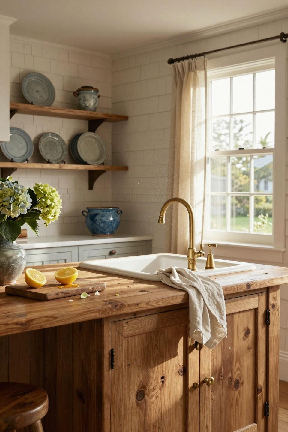 Coastal kitchen with honey oak island and shiplap walls