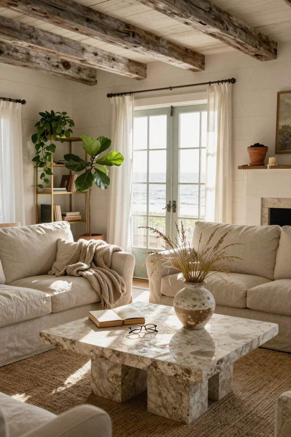 Beachy Living Room - farmhouse coastal with greenery