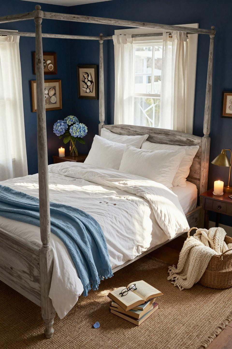 Coastal Granddaughter Bedroom with navy walls and four-poster bed
