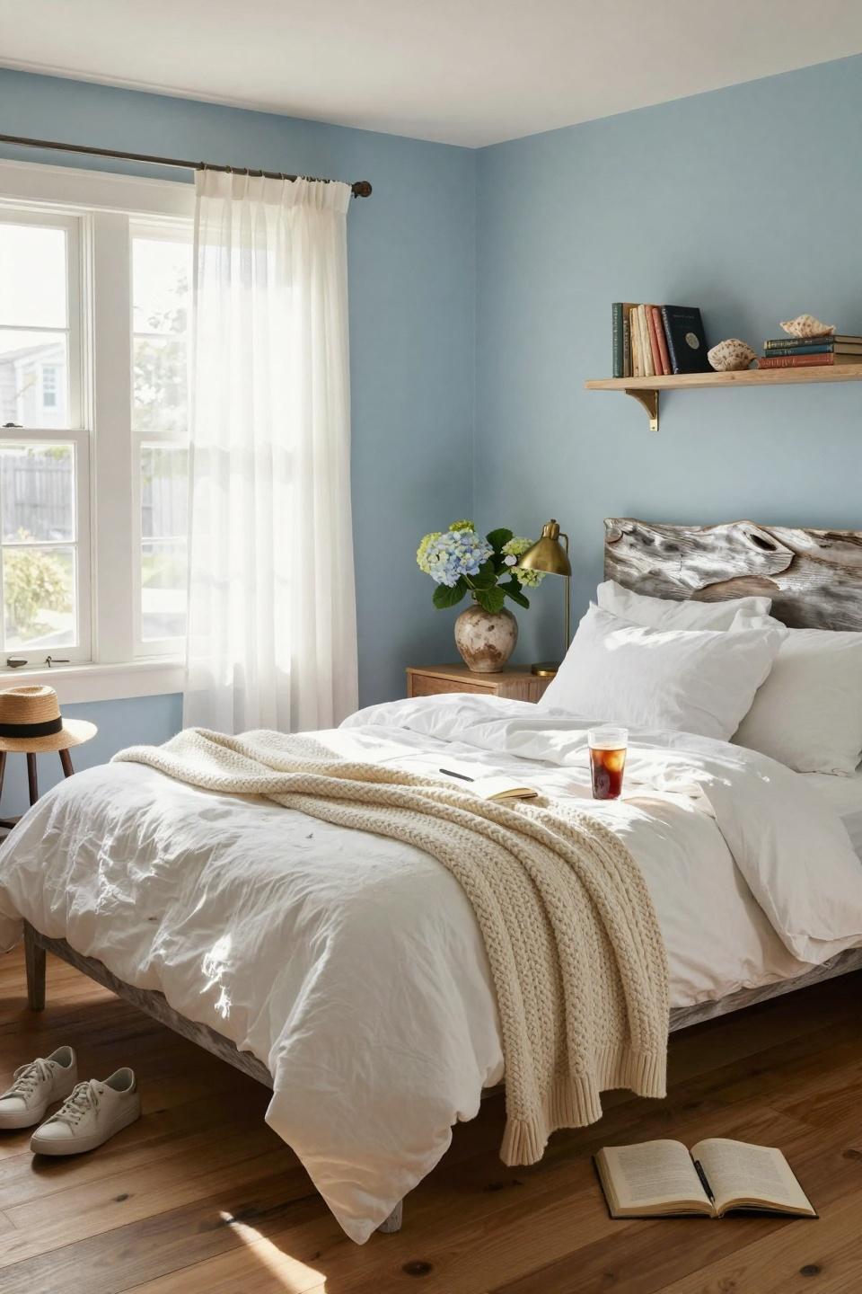 Coastal Granddaughter Bedroom dorm setup with driftwood headboard