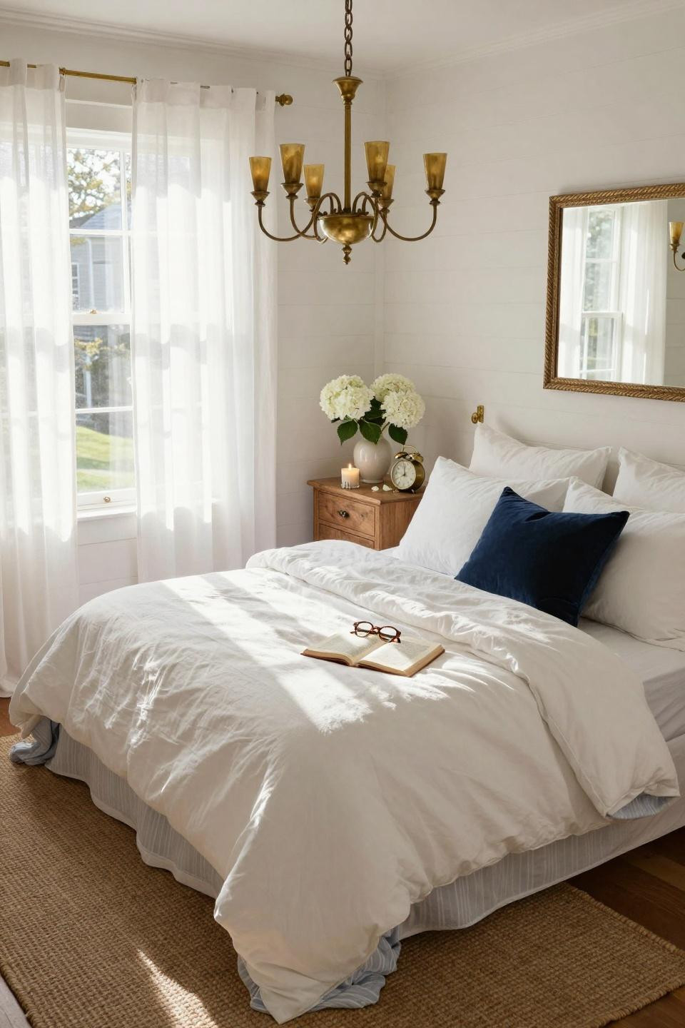 Coastal Granddaughter Bedroom with brass chandelier overhead