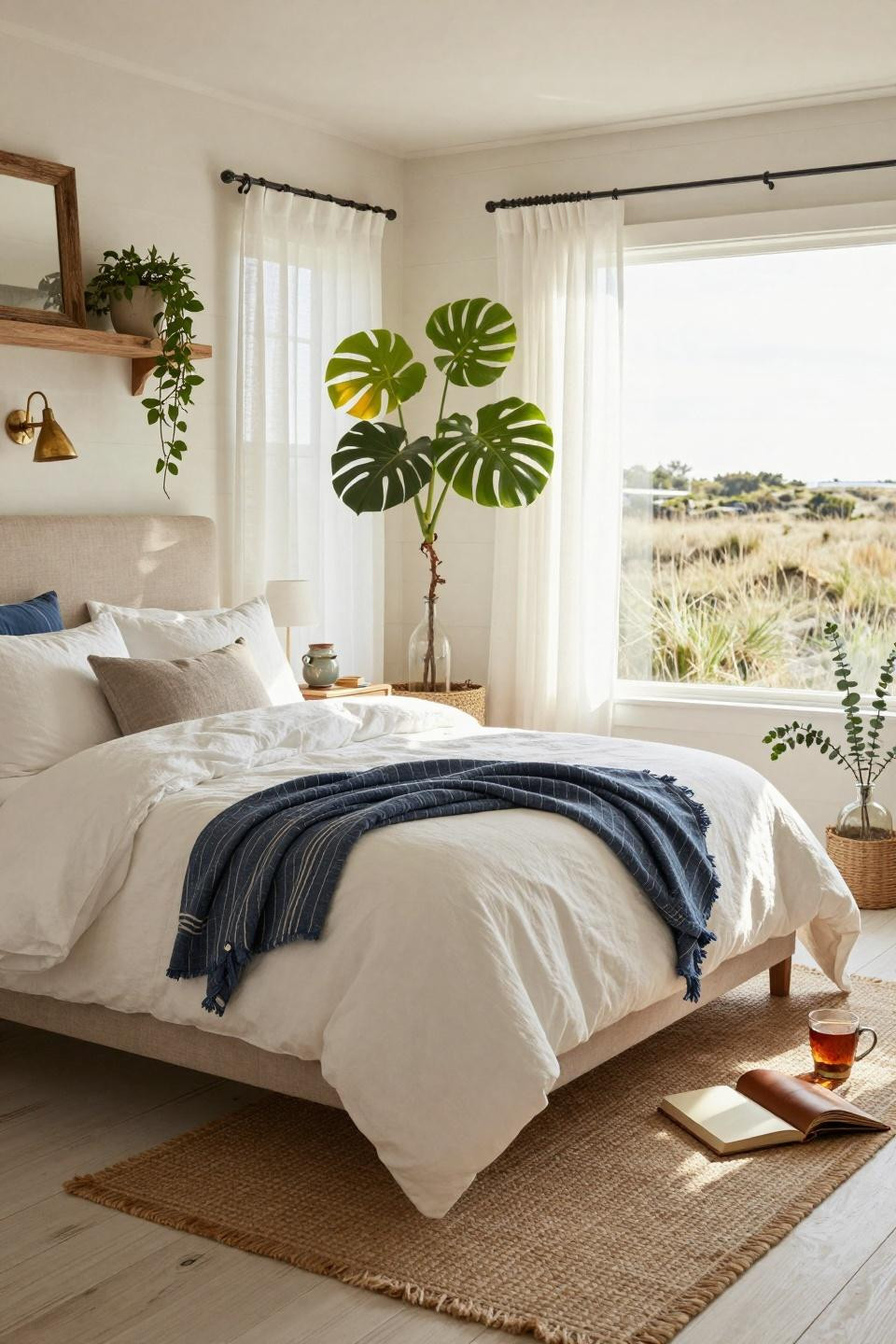 Coastal Granddaughter Bedroom with oatmeal linen headboard and greenery