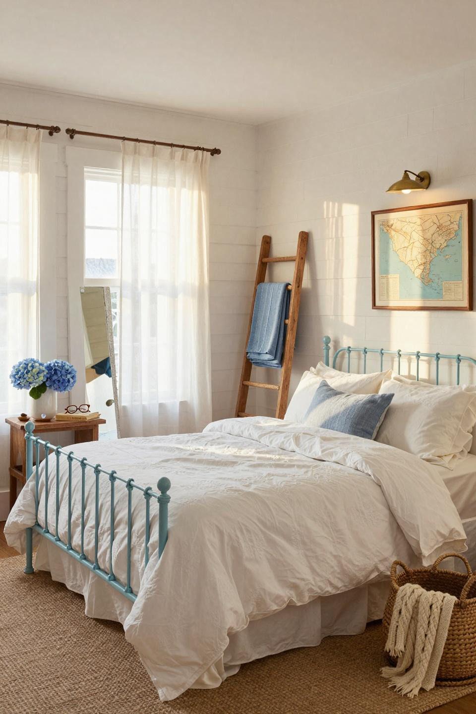 Coastal Granddaughter Bedroom with blue iron bed frame and vintage decor