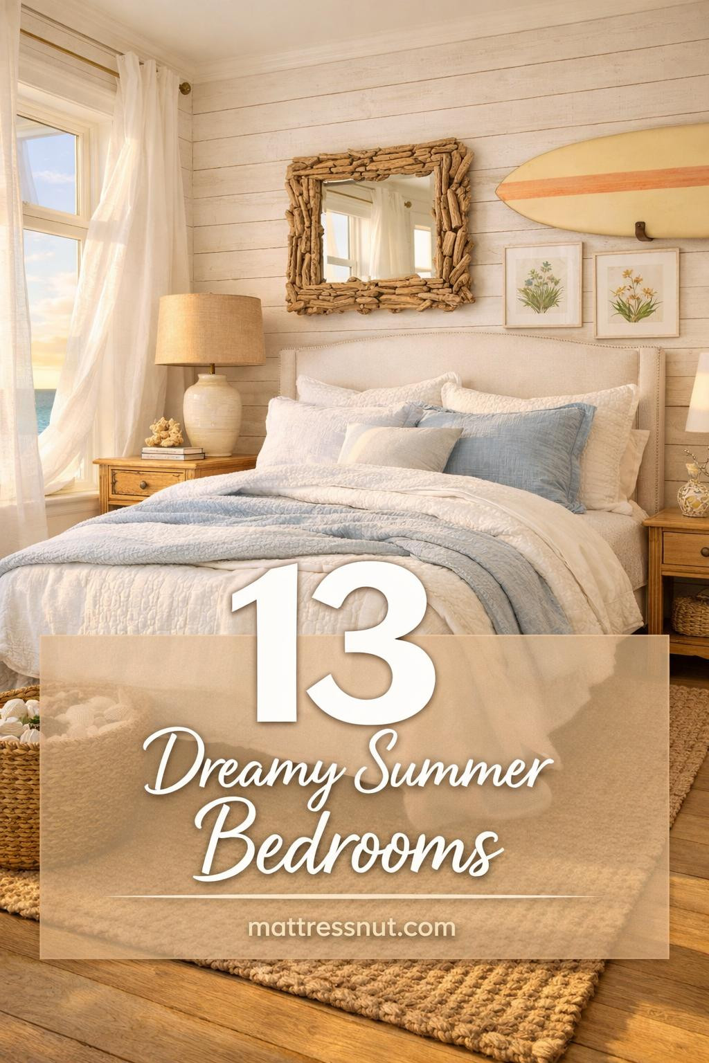 Light-filled bedroom featuring soft blue bedding, white furniture, seashell accents, and nautical coastal decor elements
