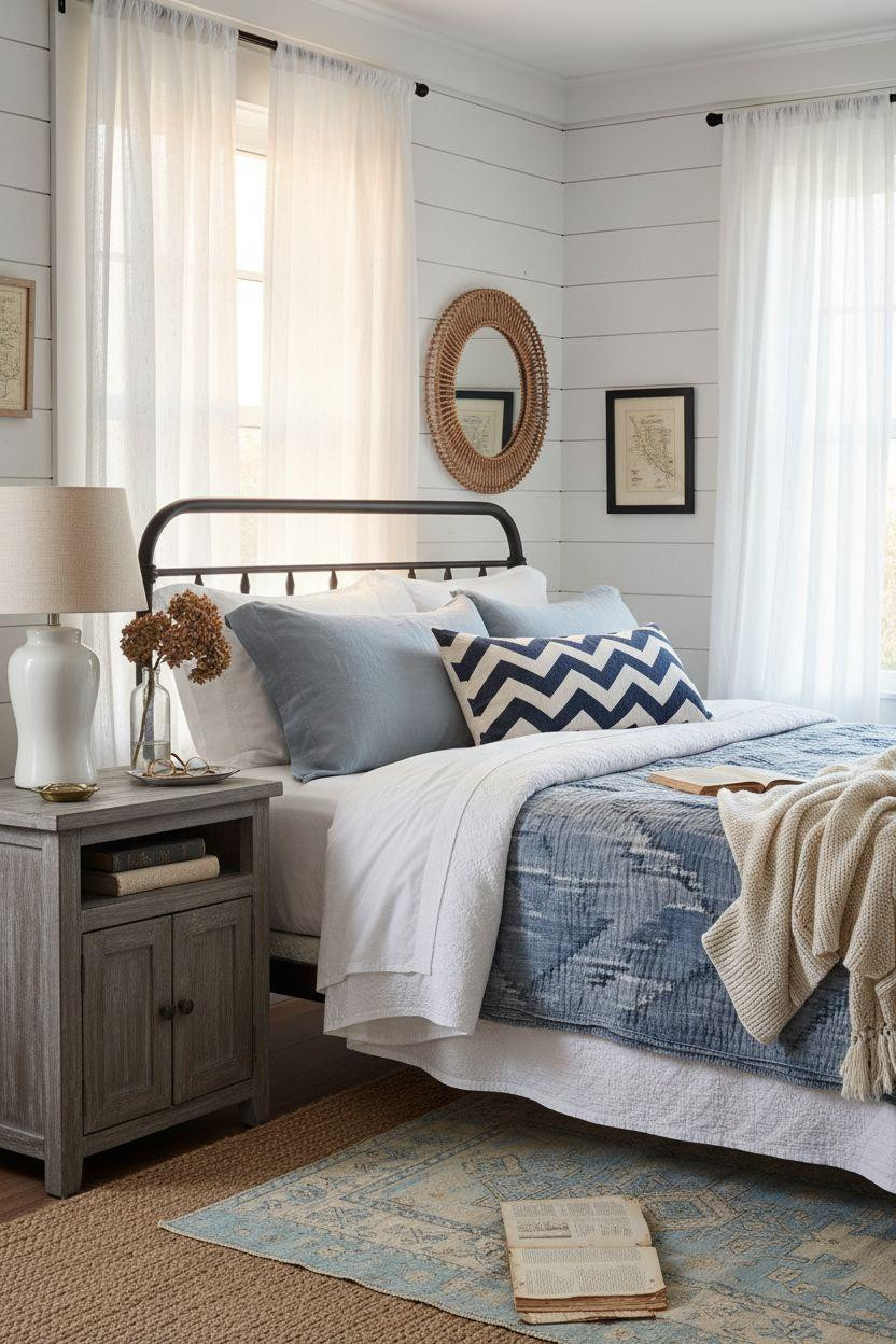 Coastal Bedrooms - iron bed with geometric navy pillows