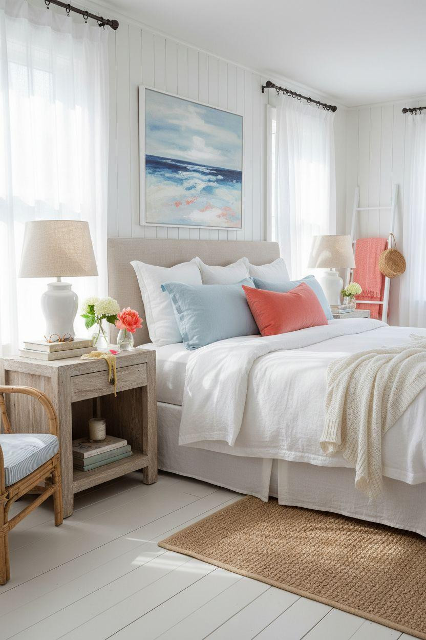 Coastal Bedrooms - white bedroom with coral pink accent pillows