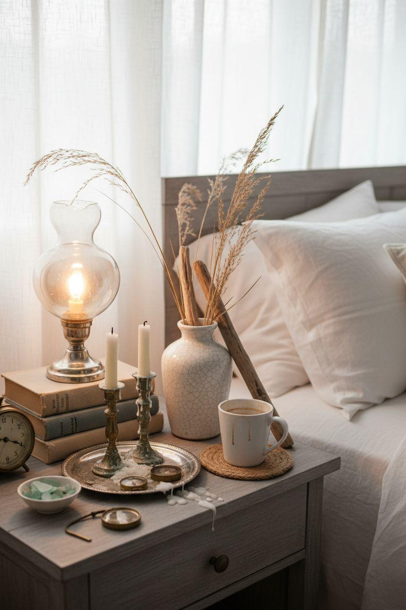 Coastal Bedrooms - nightstand with vintage brass and mercury glass
