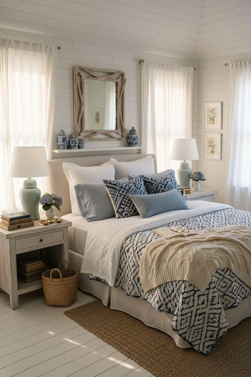 Coastal Bedrooms - overhead view of layered coastal bedding