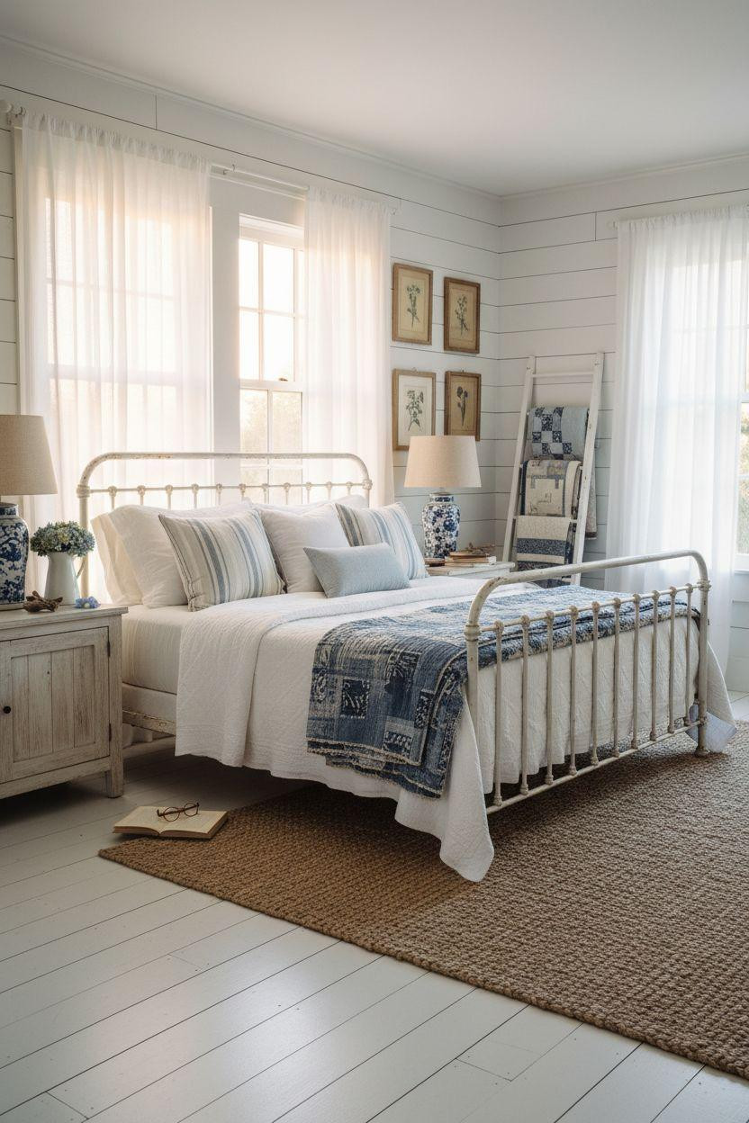 Coastal Bedrooms - layered white linen bedding with blue accents