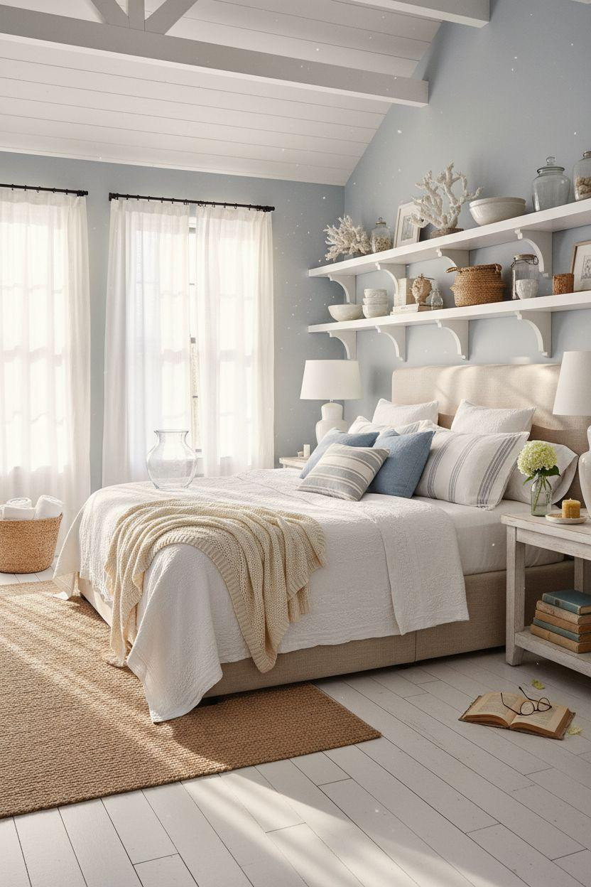 Coastal Bedrooms - bright coastal bedroom with white open shelves
