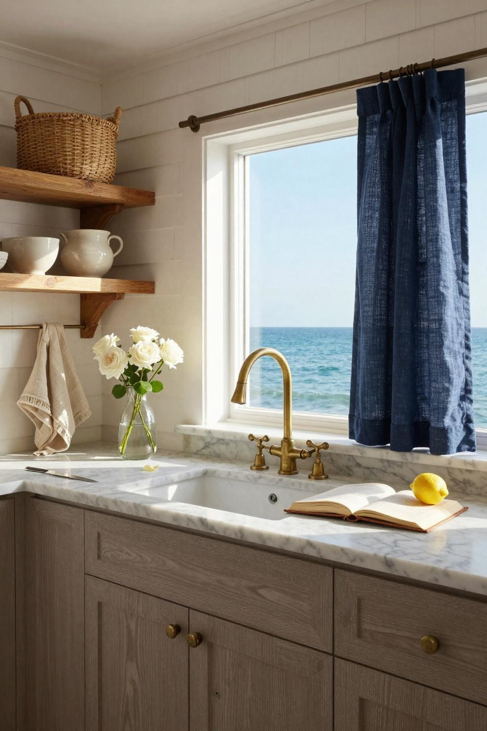 Small coastal kitchen with navy curtains and brass faucet