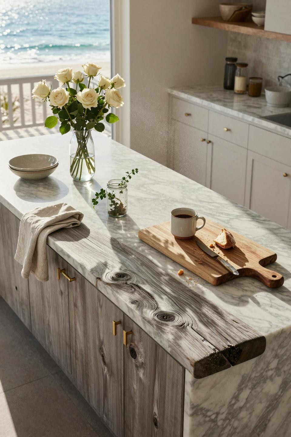 Coastal kitchen island with silvered driftwood and marble top
