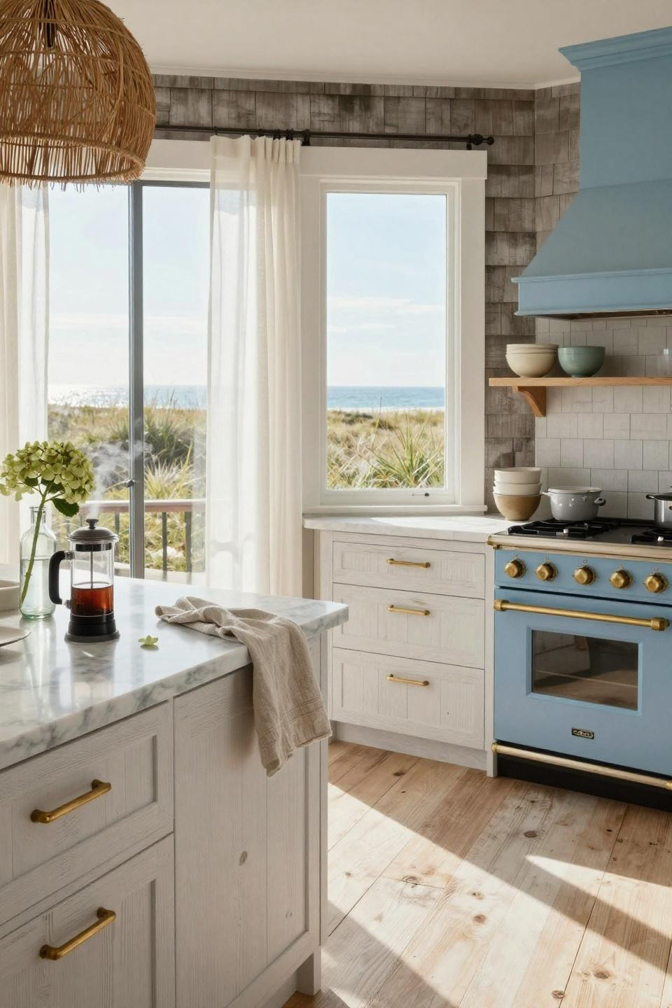 Coastal kitchen with blue range and steel windows