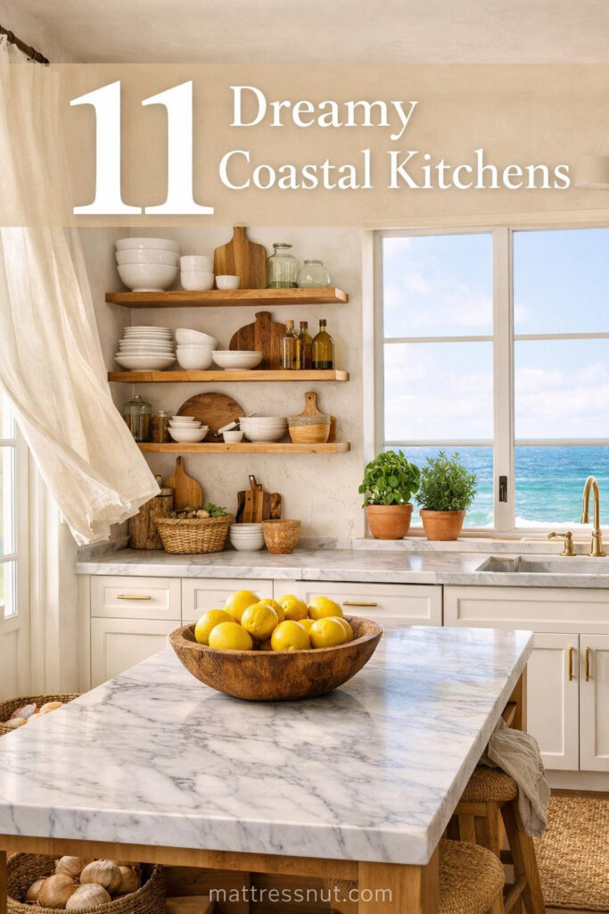 Bright coastal kitchen featuring white cabinetry, natural wood accents, blue tile backsplash, lemon decor, and ocean-inspired elements
