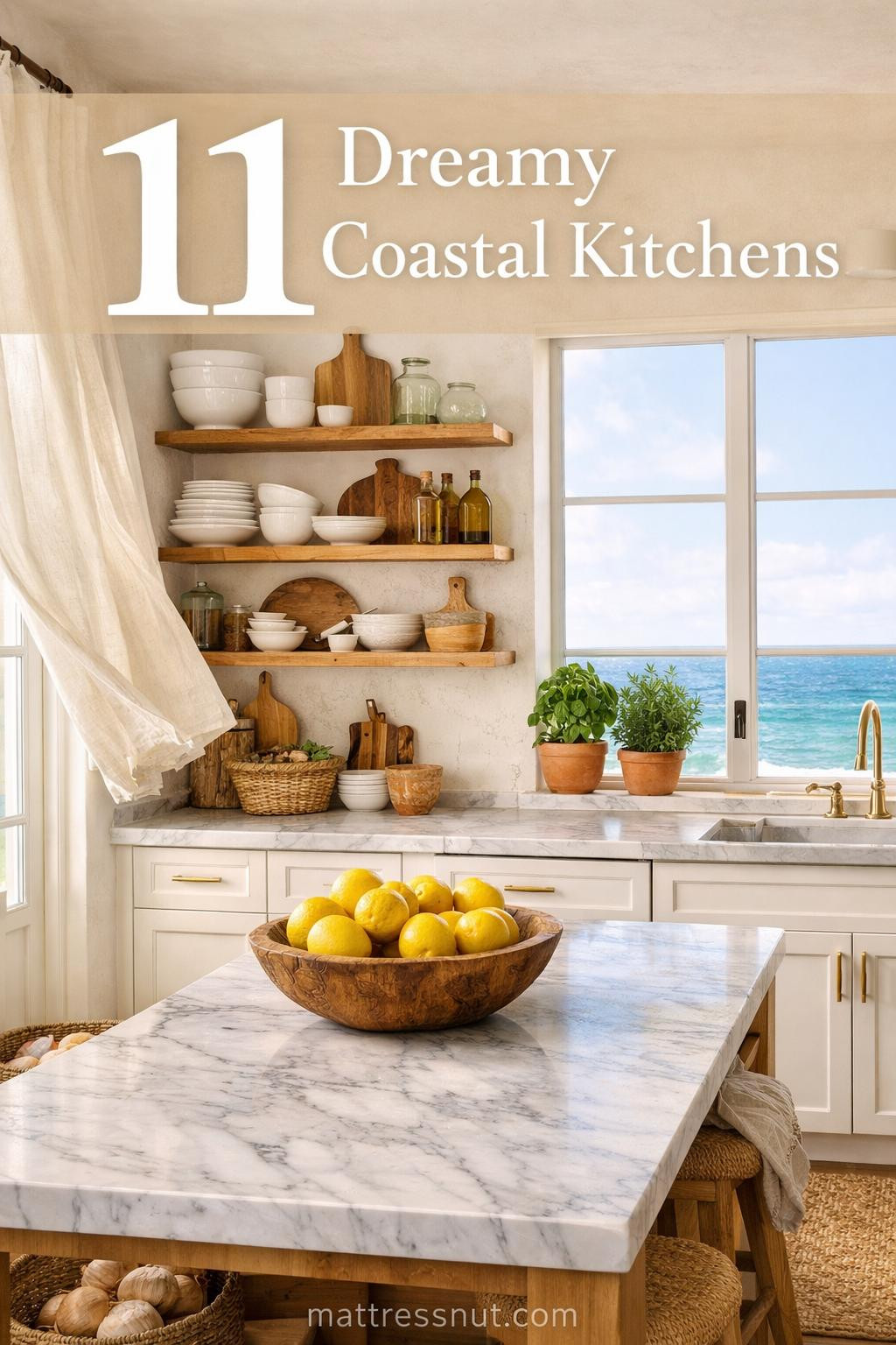 Bright coastal kitchen featuring white cabinetry, natural wood accents, blue tile backsplash, lemon decor, and ocean-inspired elements