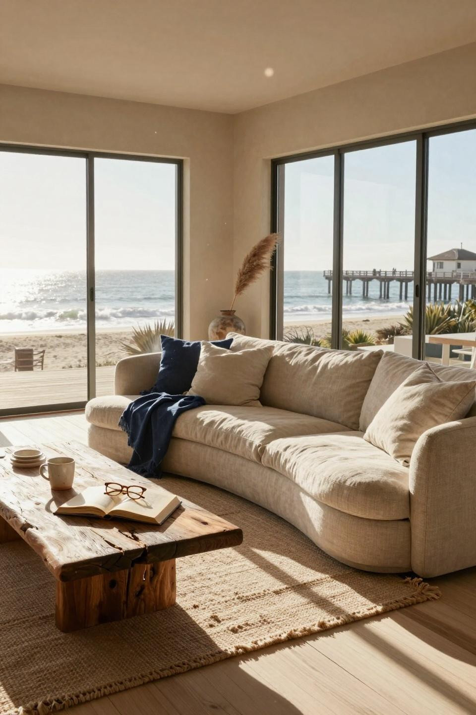 Coastal living room featuring silvered driftwood coffee table with Belgian linen sofa