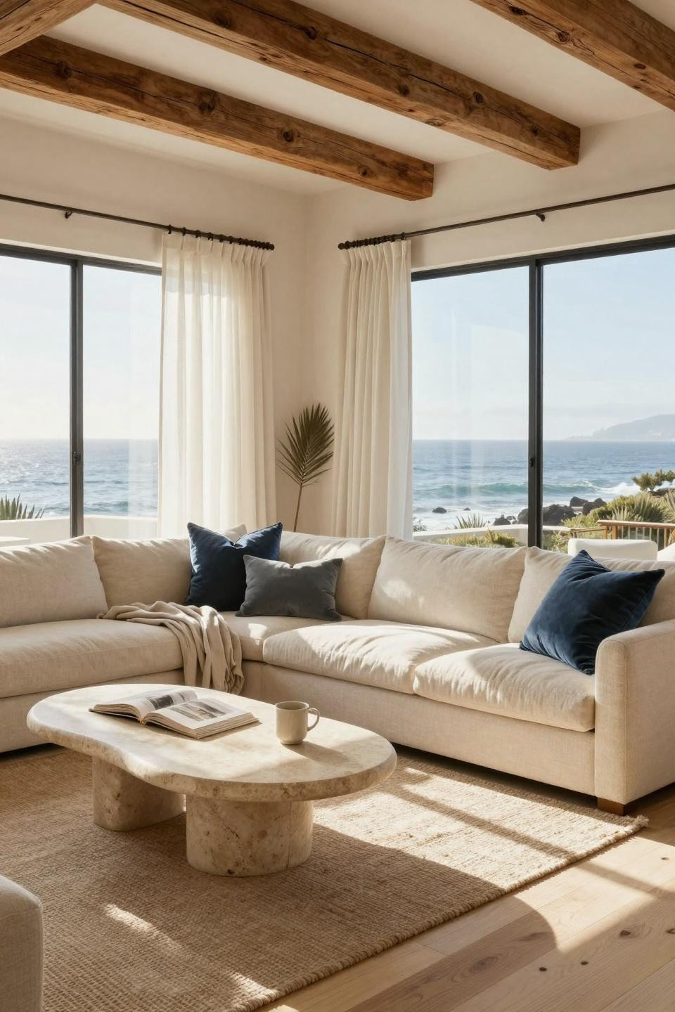 Coastal living room with organic travertine coffee table and boucle sectional