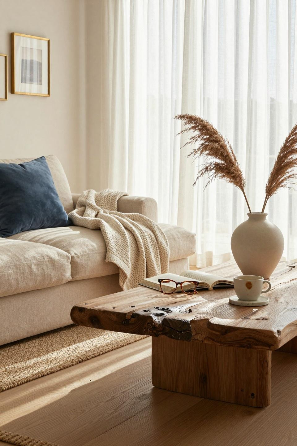 Coastal living room closeup of bleached driftwood coffee table with rich grain