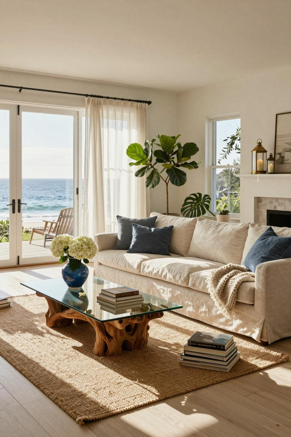 Coastal living room with slipcovered linen sofa and driftwood glass coffee table