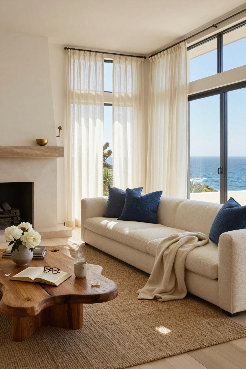 Coastal living room featuring limestone fireplace and ivory boucle sectional