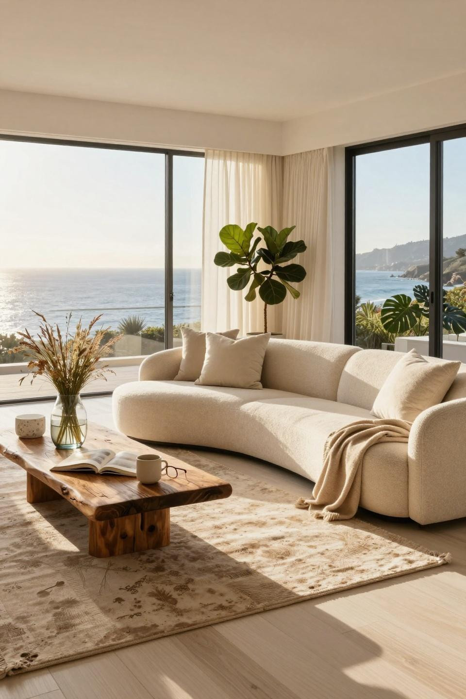 Coastal living room with curved boucle sectional and oversized windows