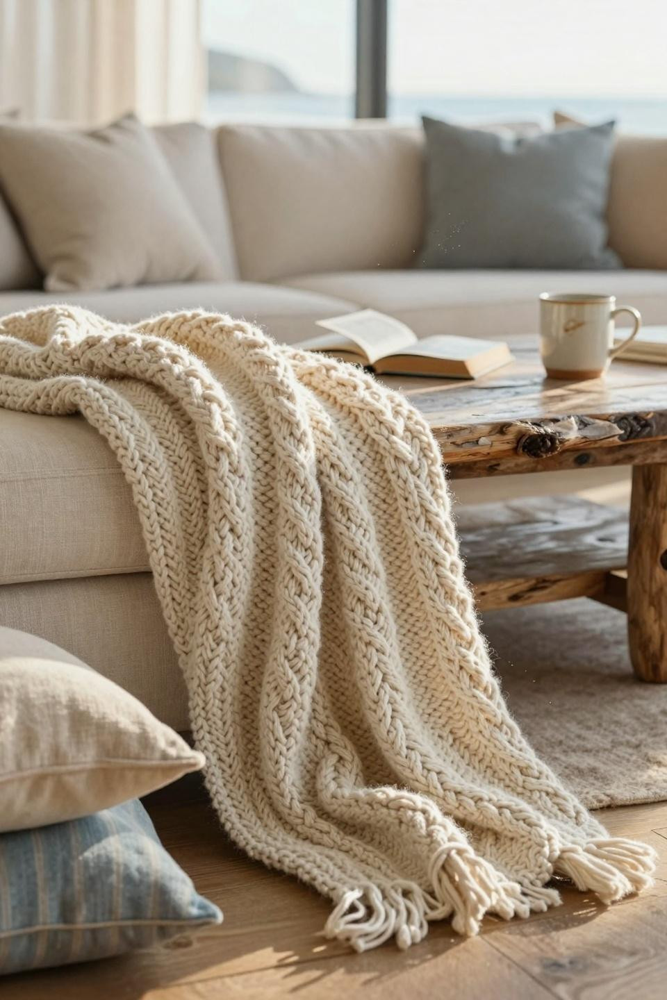 Coastal living room closeup of cable knit throw on linen sofa