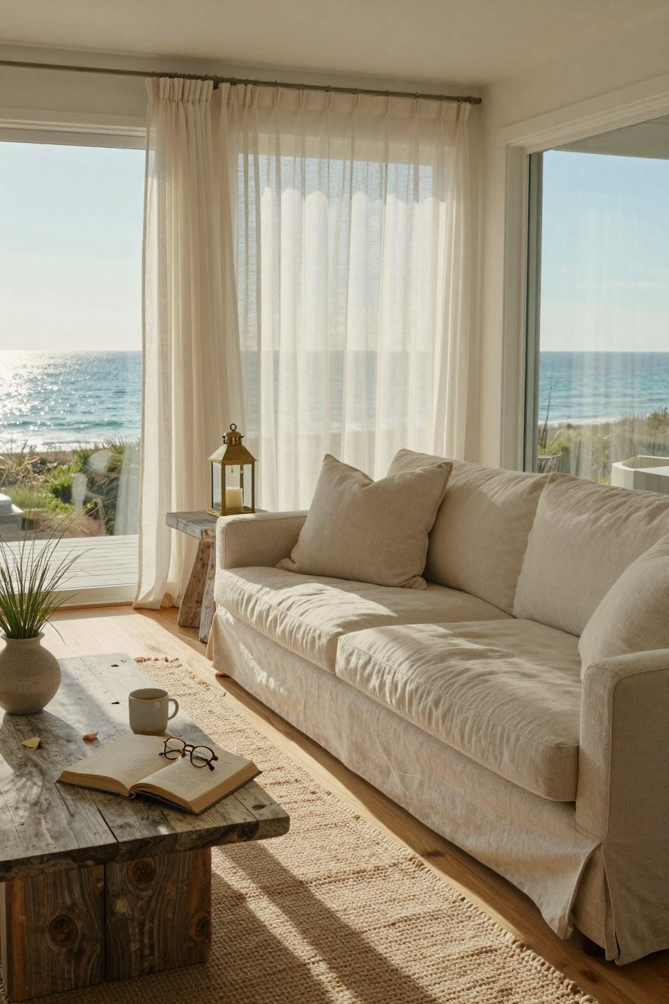 Coastal living room with whitewashed honey-toned oak floors and ocean views