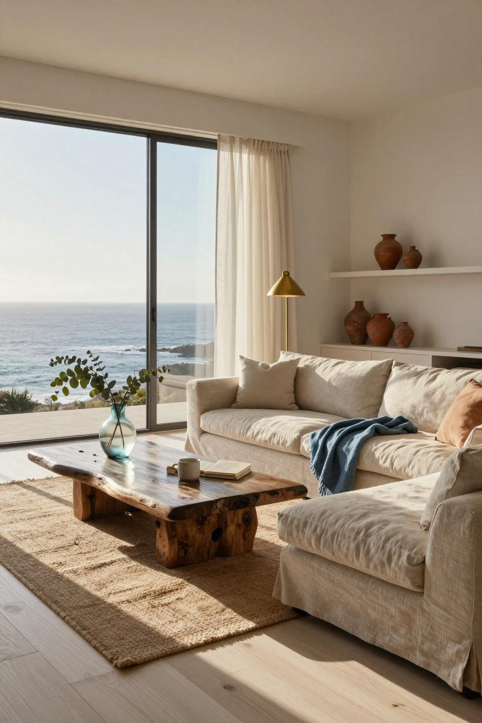 Coastal living room with bleached oak flooring and ocean horizon views