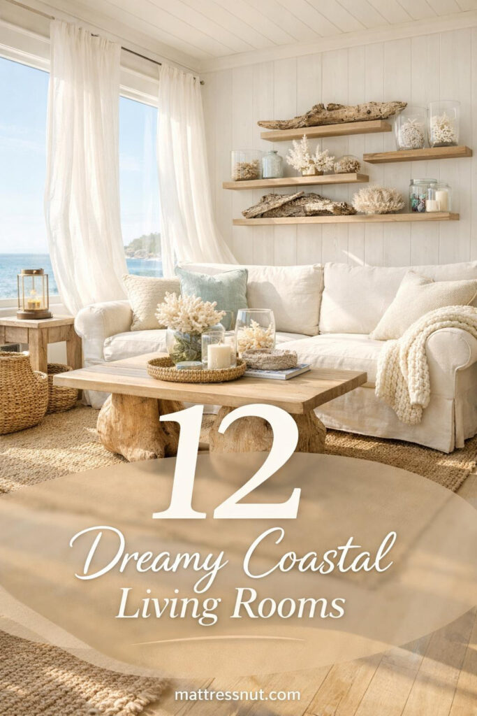 Bright living room featuring white slipcovered sofas, driftwood coffee table, blue accent pillows, and natural jute rug