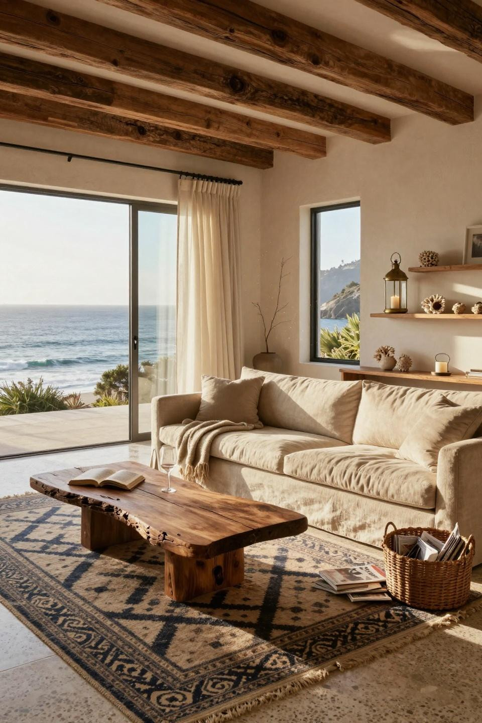 Coastal living room with custom linen sofa, teak coffee table, and geometric rug