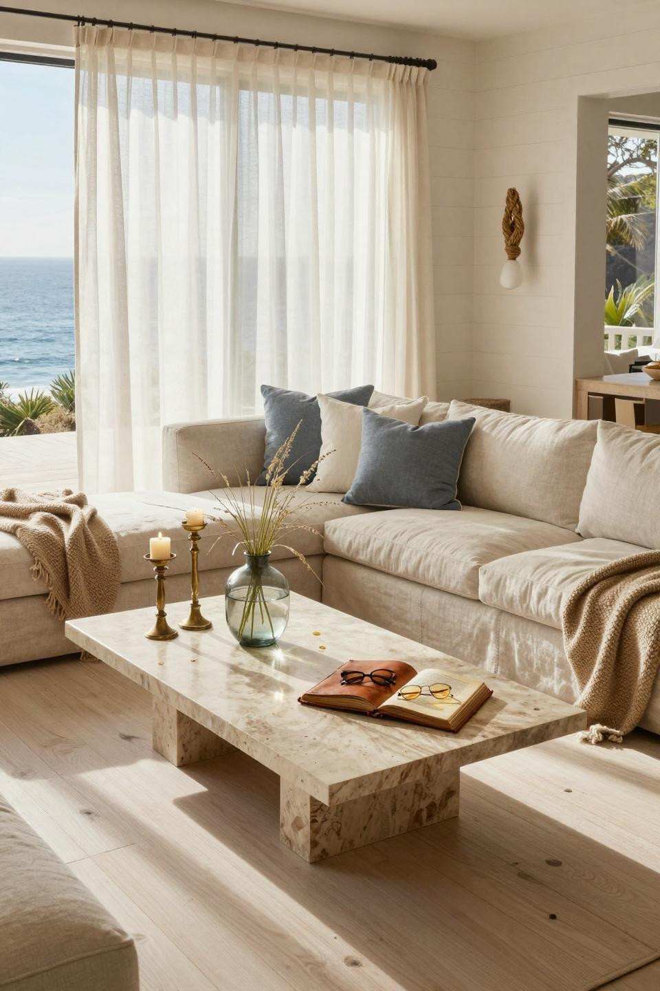 Modern Coastal Home with travertine and linen seating