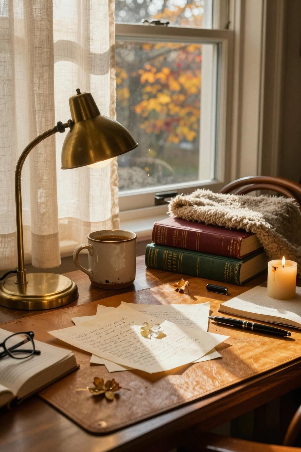 Dorm Room Ideas - oak desk corner with brass lamp and botanicals