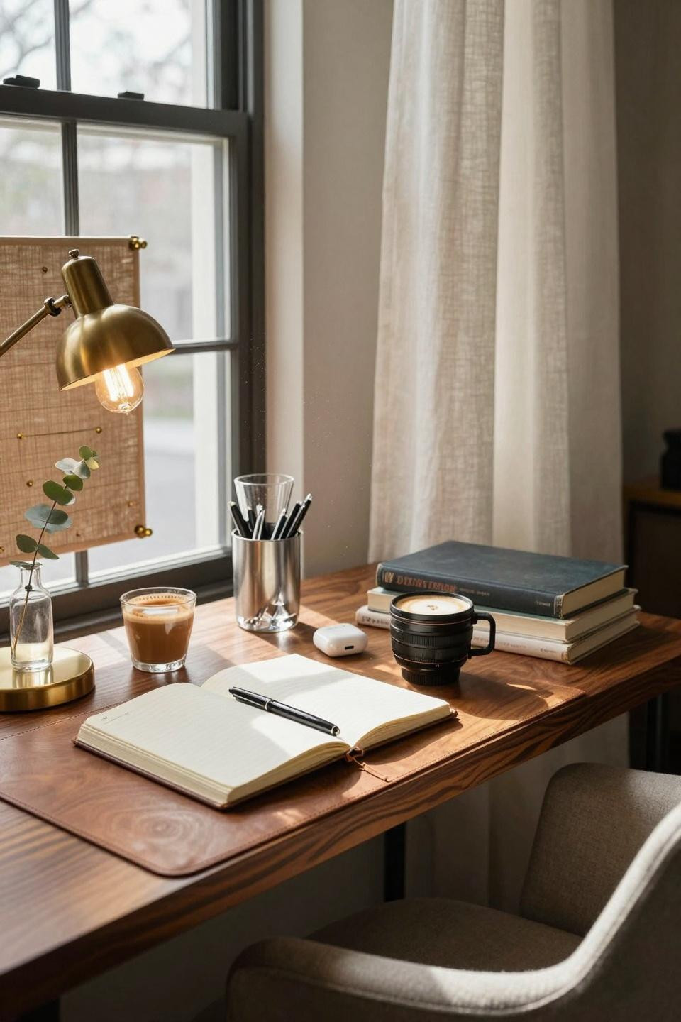 College dorm ideas with styled desk detail and brass task lamp
