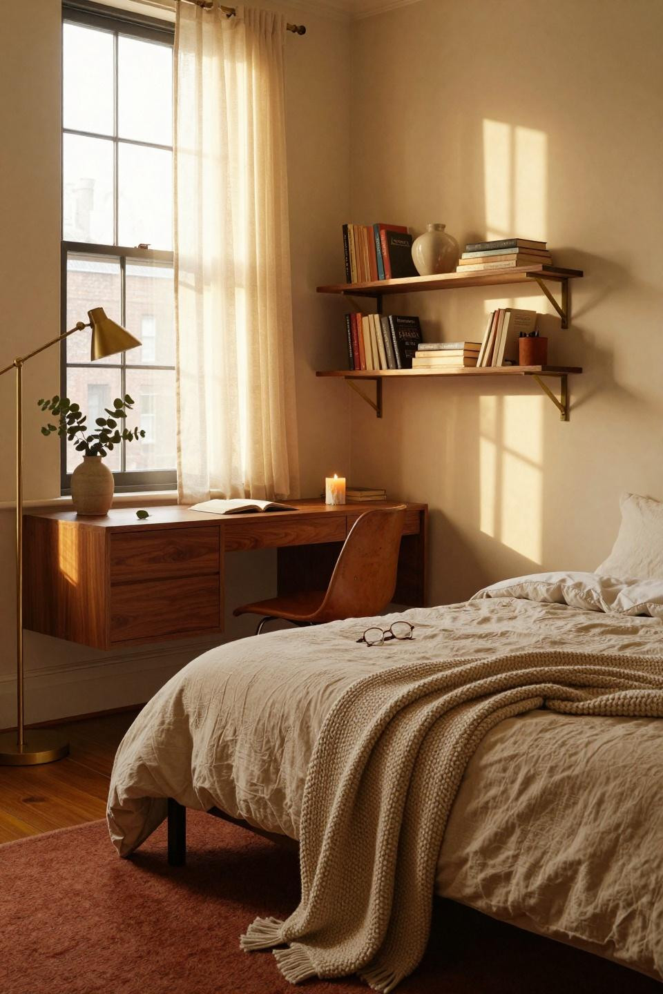 College dorm ideas featuring industrial walnut desk setup