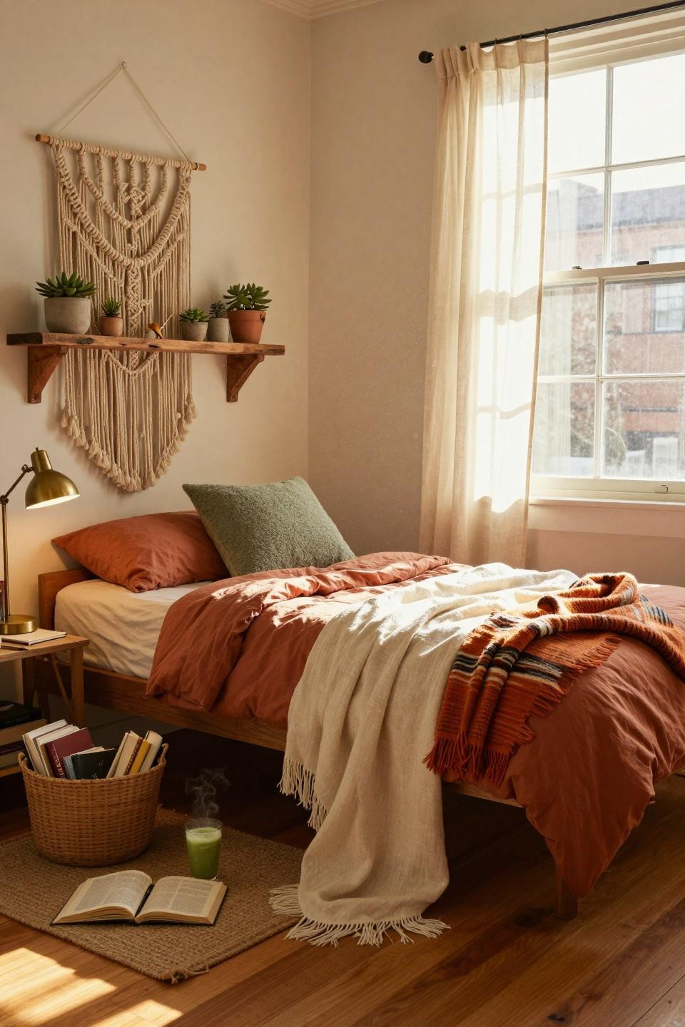College dorm ideas with cozy layered textures and terracotta color scheme